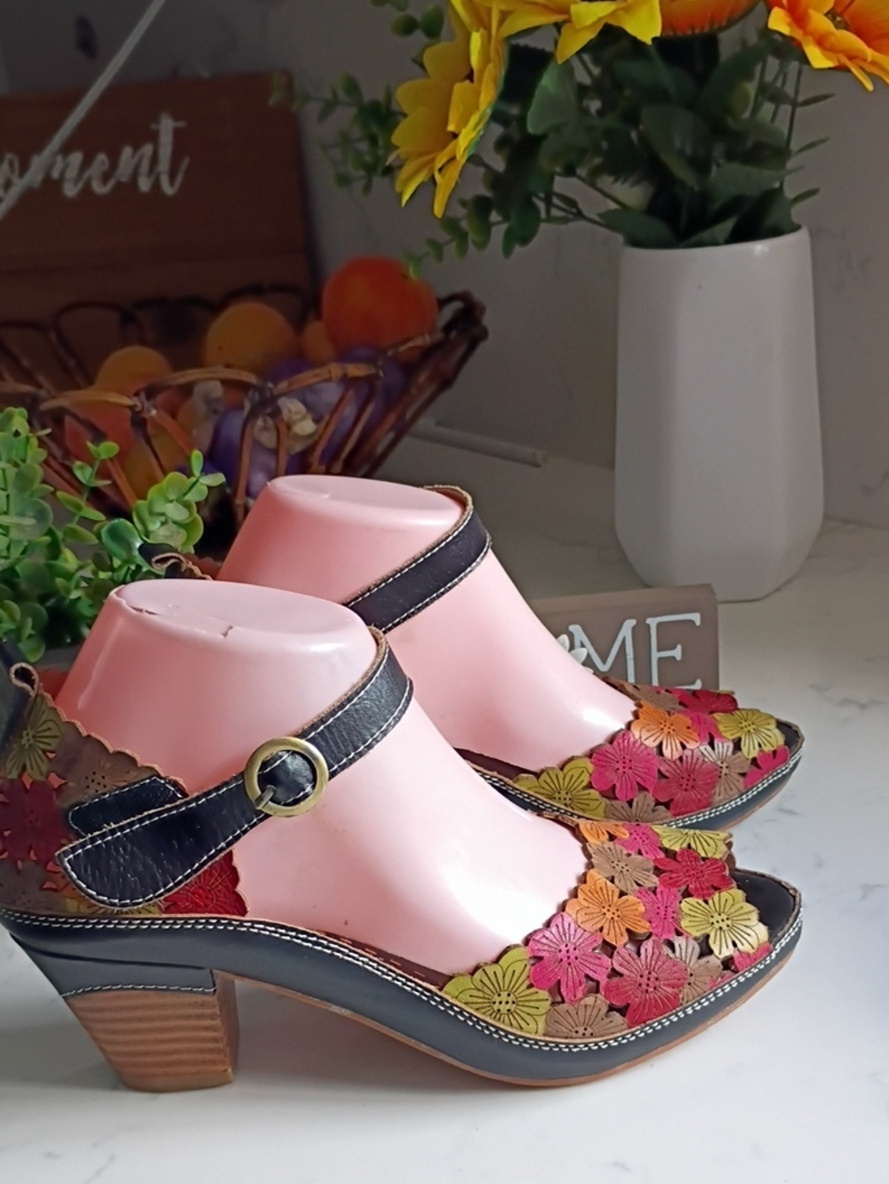 Spring Step Women’s Floral Cutout Leather Heels in Multicolor